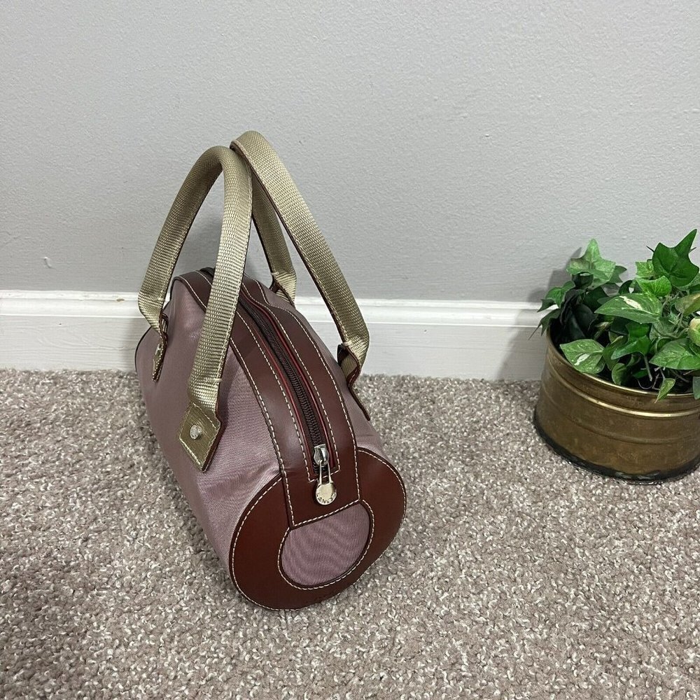 LANCEL Pink Canvas Leather Zip Mini Small Bag Brown Leather Trim
